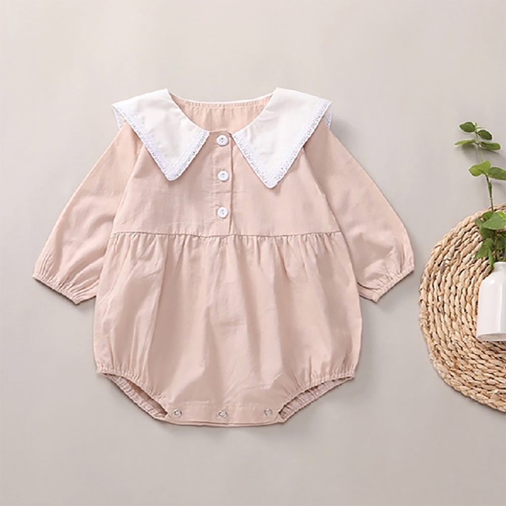 Baby Girls Point Collar Long Sleeve Romper Beige